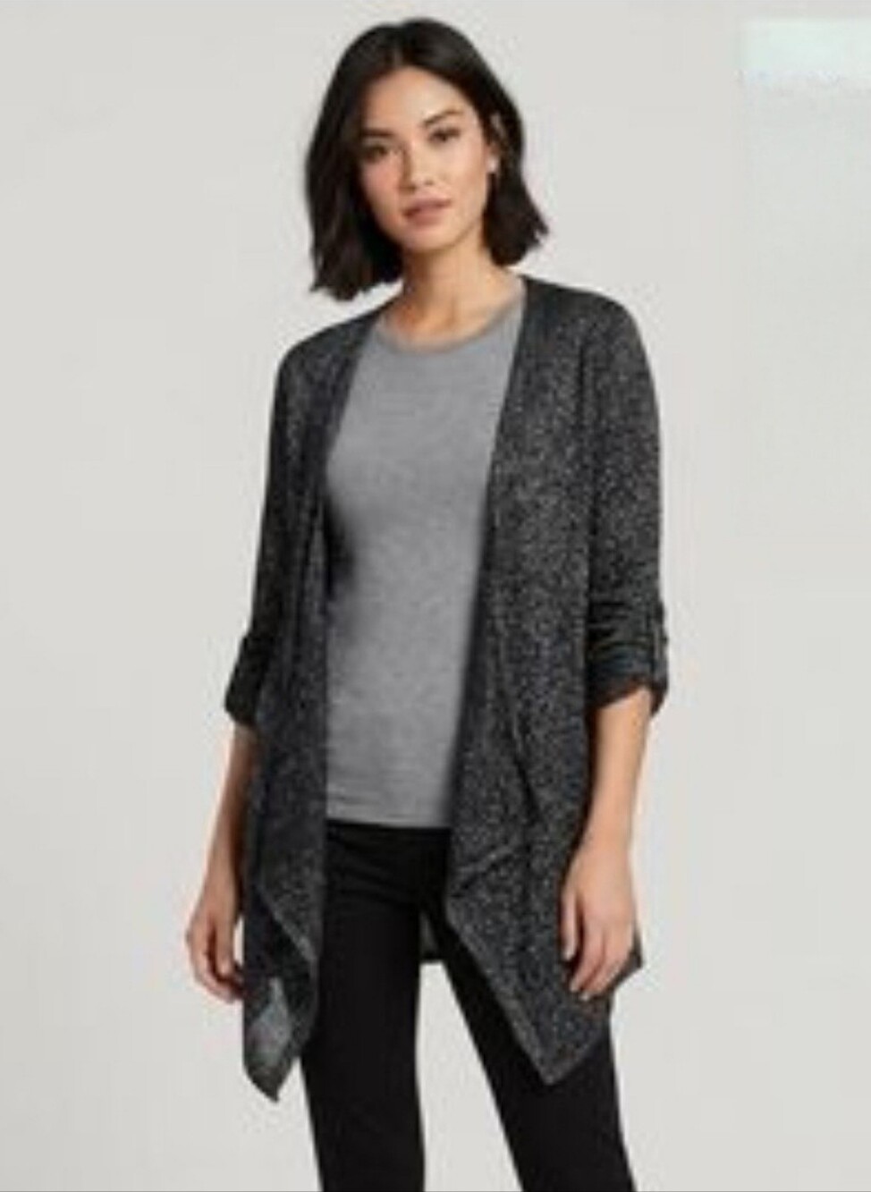 French Laundry Festive Cardigan Open Front Woman's Black Silver Metallic Nylon L